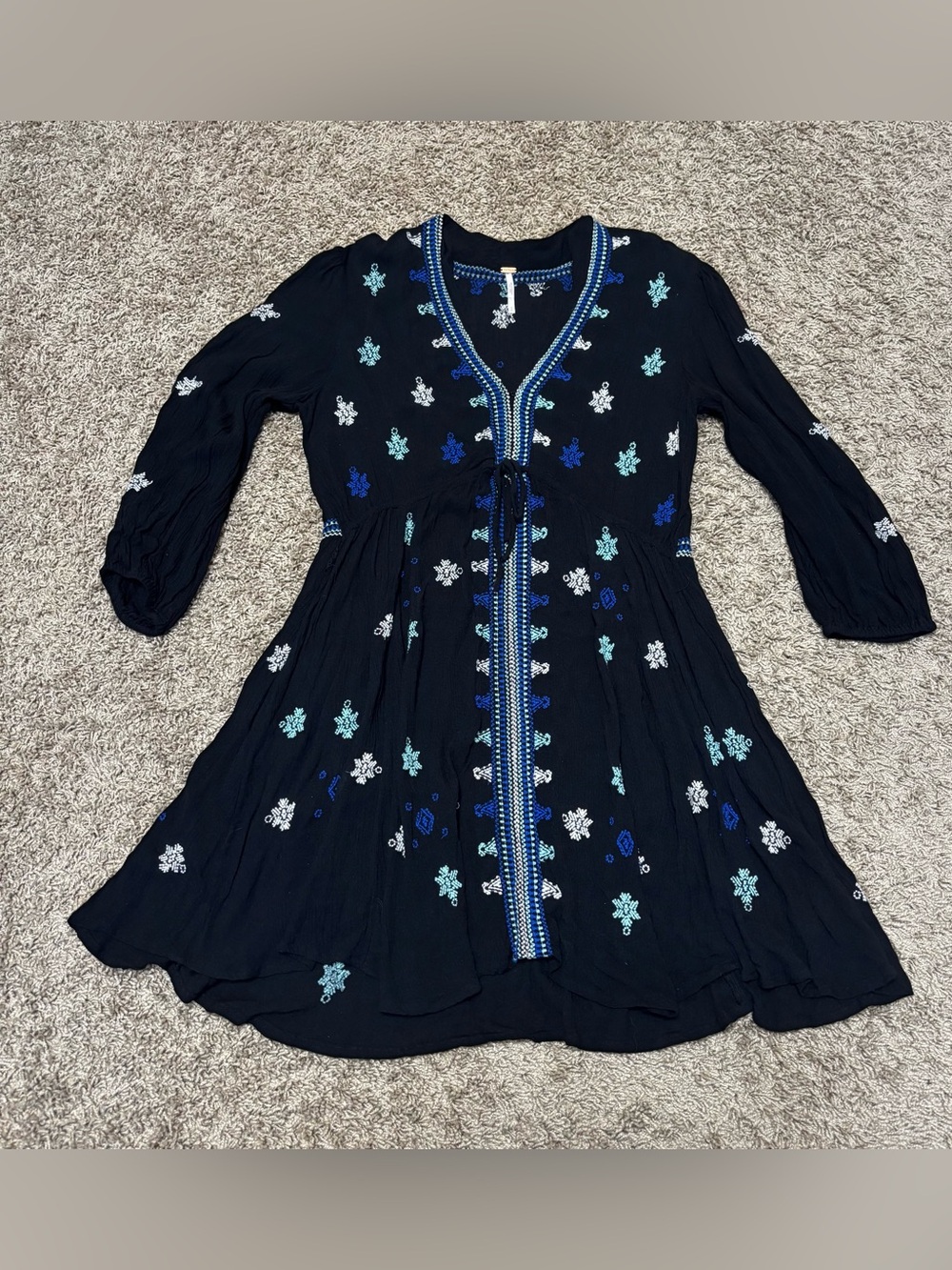 Free People Boho Dress with Tie Front black w blue embroidery women’s small VGC